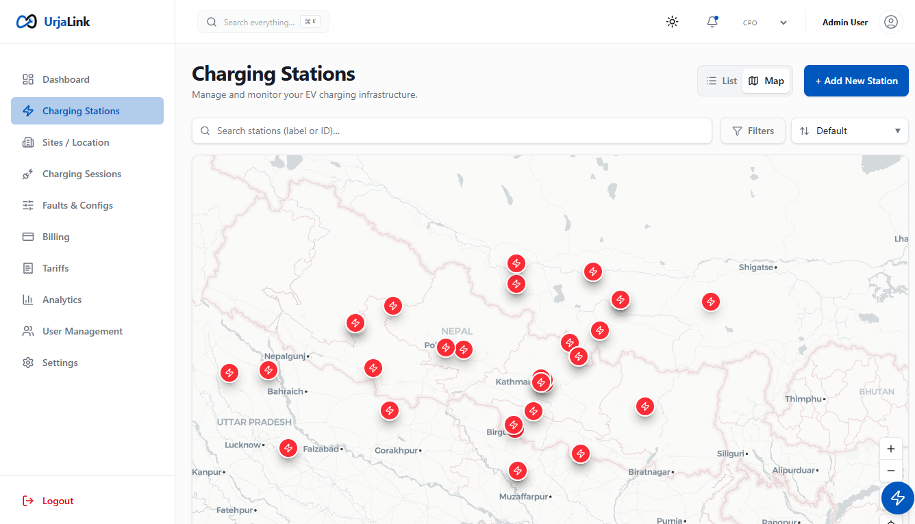 Interactive station map showing charging station locations and availability